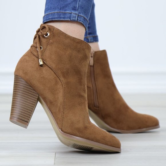 Shoes - Brown Faux Suede Pointed Toe Low Heel Ankle Boots Back Laces Booties